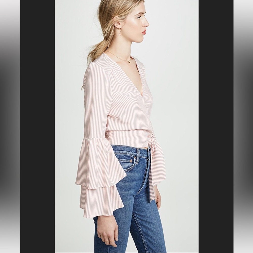 Pink and white bell sleeved wrap shirt